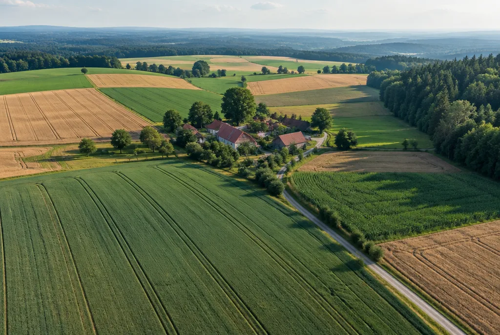 Luftbild landwirtschaftlicher Flächen mit Hof und Waldrand